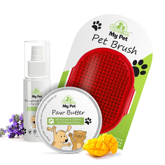 Dog Cologne - Lavender & Jasmine - 120ml + Pet Paw Butter - 100gm + Bathing & Grooming Hand Brush