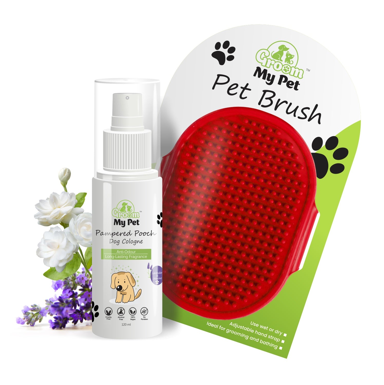 Dog Cologne - Lavender & Jasmine - 120ml + Bathing & Grooming Hand Brush