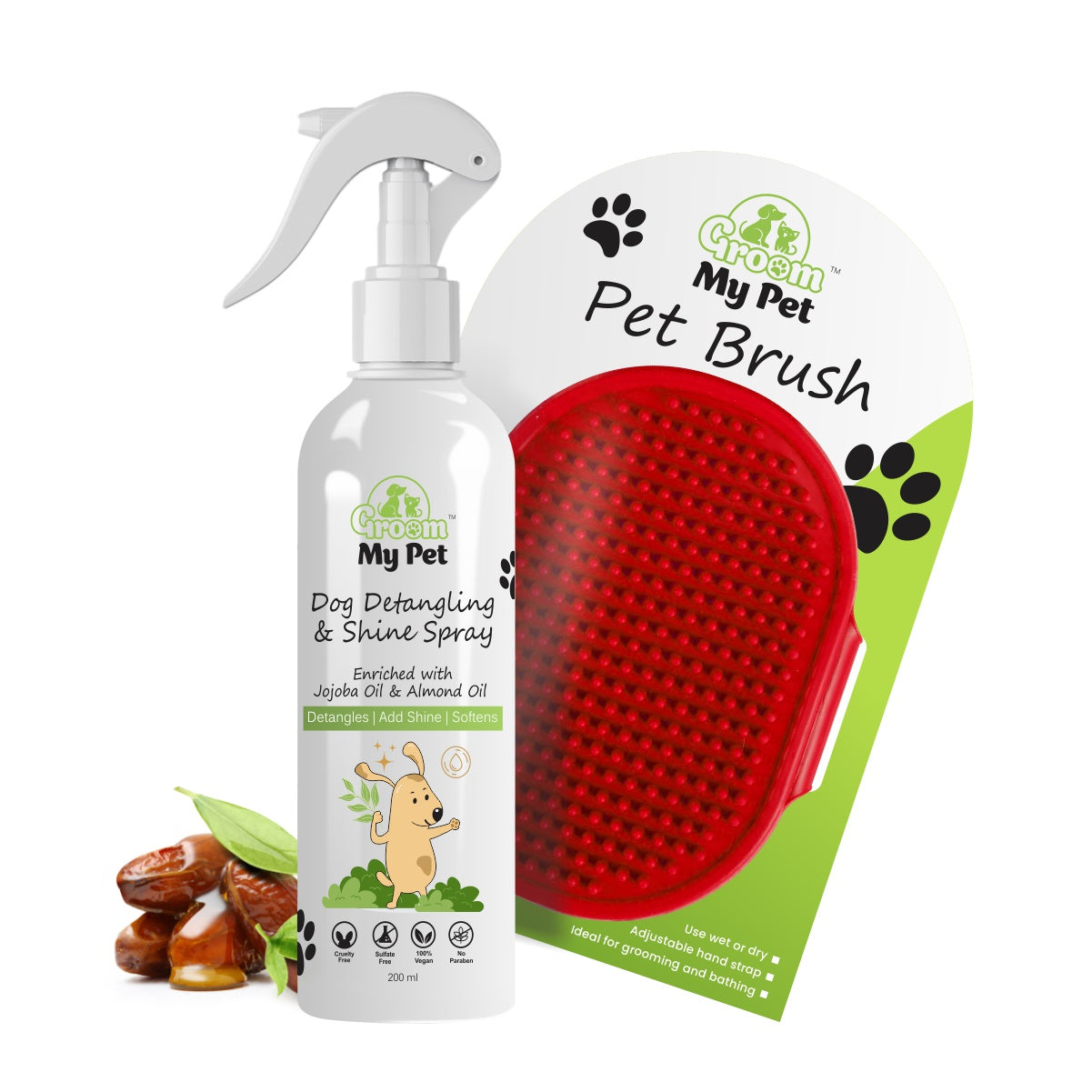 Dog Detangling & Shine Spray-200ml + Bathing & Grooming Hand Brush